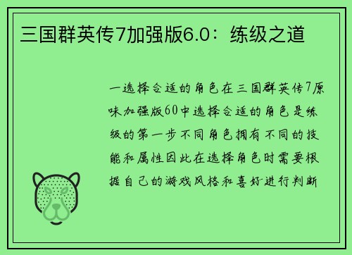 三国群英传7加强版6.0：练级之道